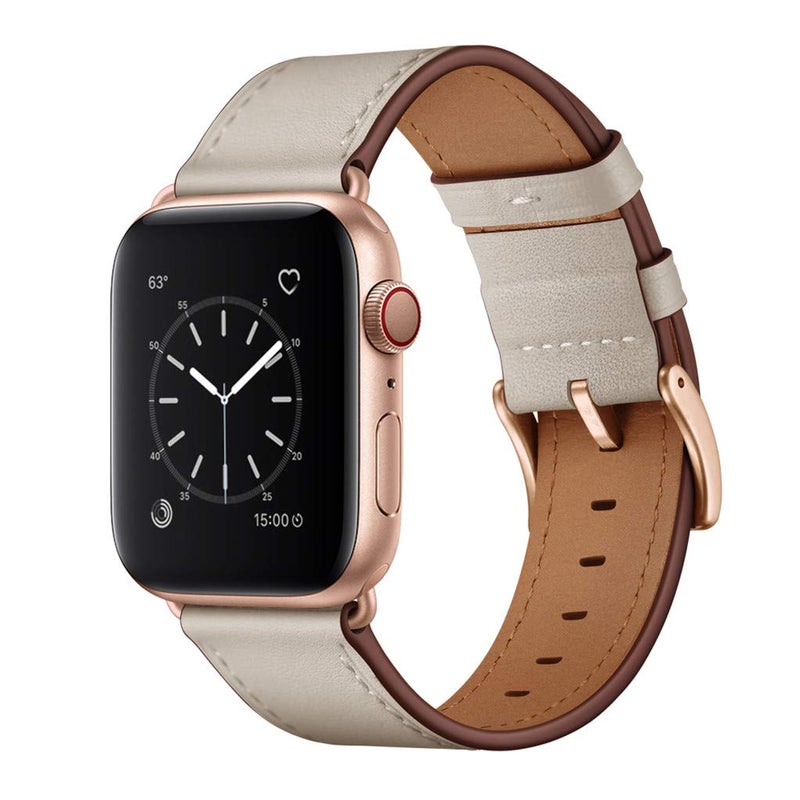 OUHENG Leather Bands Compatible with Apple Watch Band 49mm/46mm/45mm/44mm/42mm, Genuine Leather Strap for iWatch Series 11/10/9/8/7/6/5/4/3/2/1 & Ultra 3/2/1 & SE3 SE2 SE, Ivory White/Rose Gold - Image 1